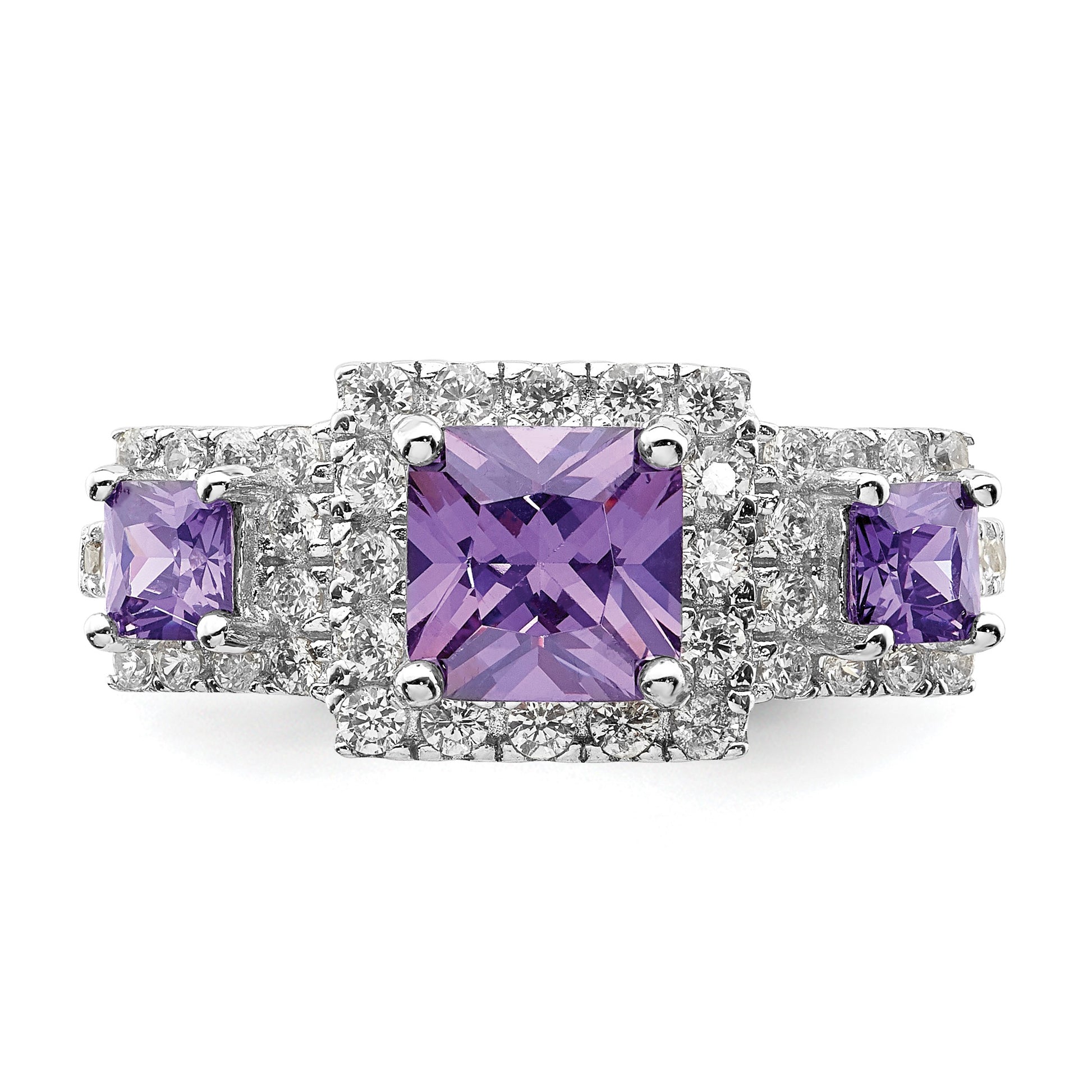 Sterling Silver Rhodium plated Purple Square CZ Ring