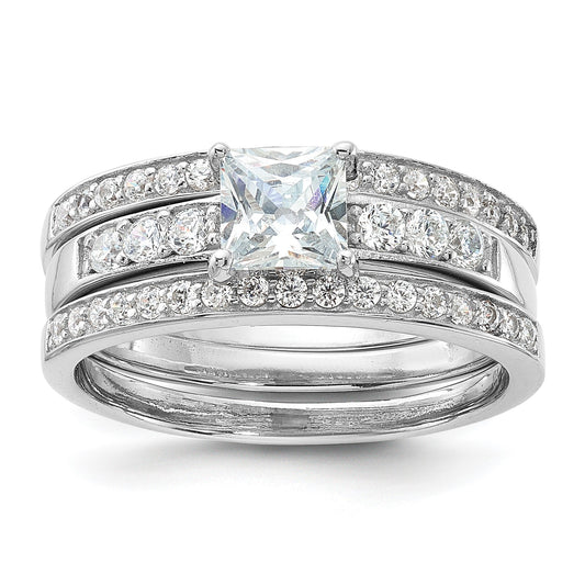 Sterling Silver Rhodium-plated CZ 3 Piece Wedding Set Ring