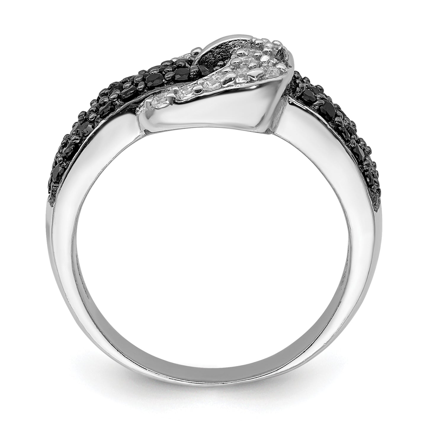 Sterling Silver Rhodium Black and Clear CZ Buckle Ring