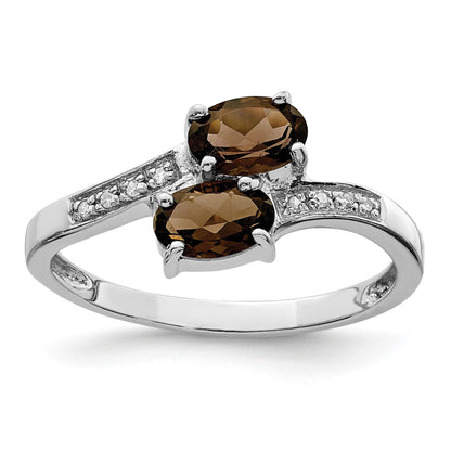 Sterling Silver Rhodium 2 Oval Smoky Quartz & Diamond Ring