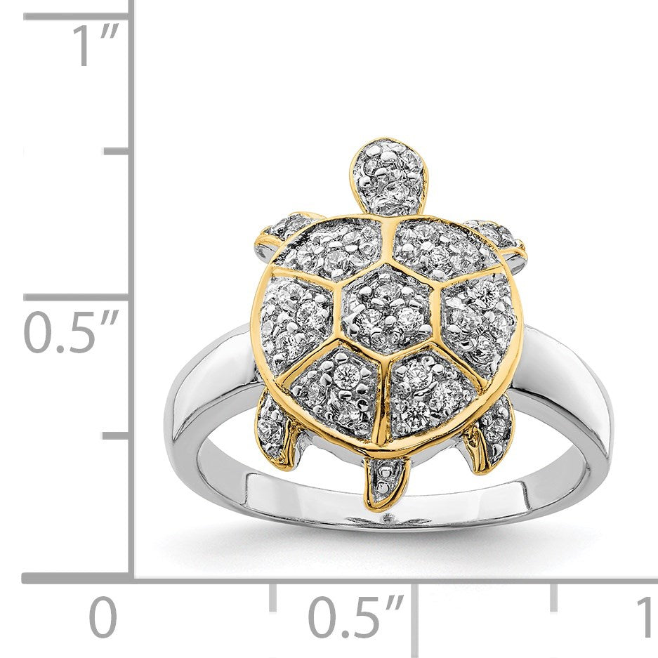 Sterling Silver Rhodium-plated CZ and Flash Gold-Plated Turtle Ring
