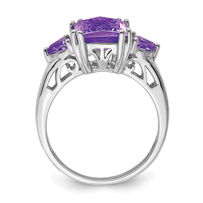 Sterling Silver Rhodium-plated Checker-Cut Amethyst Ring