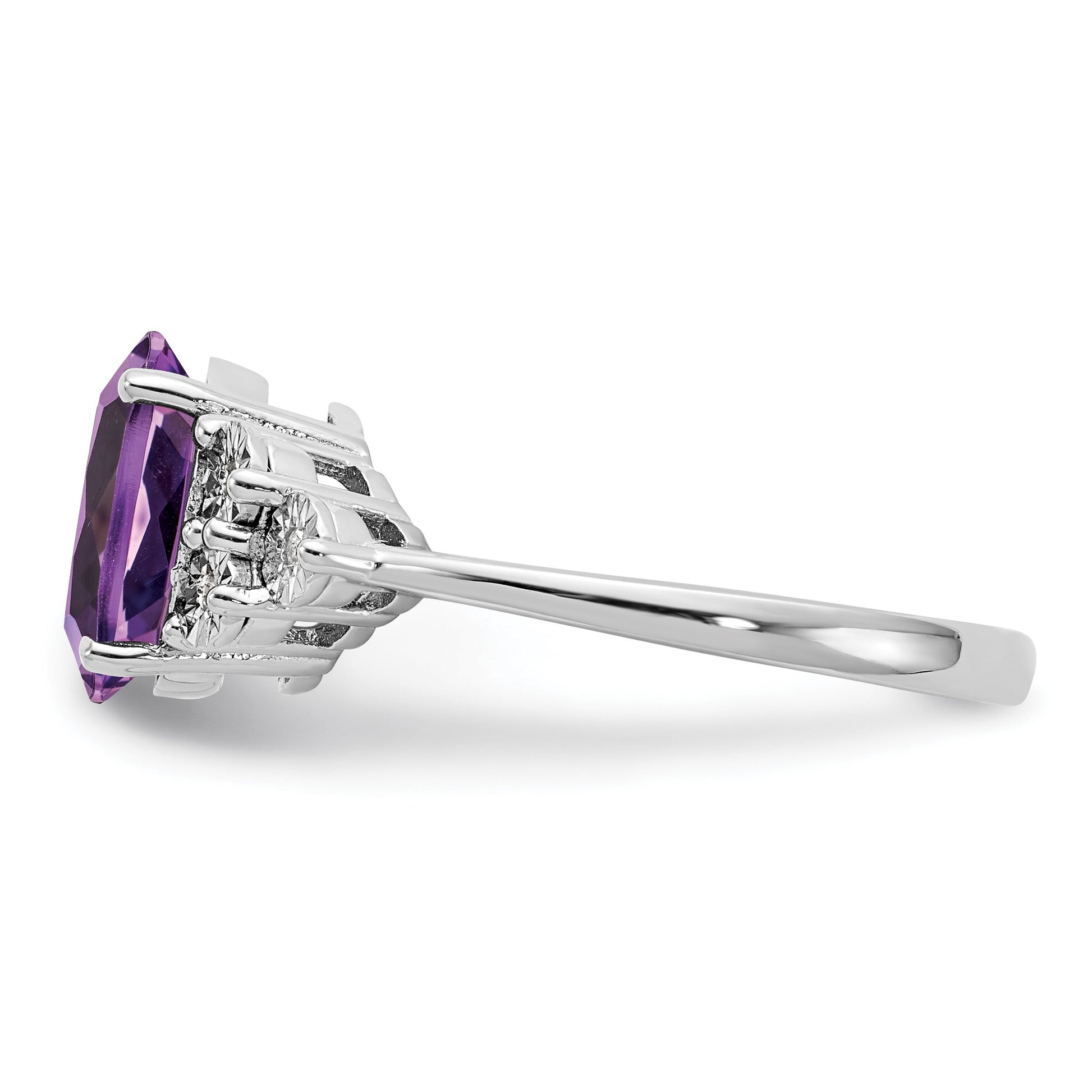Sterling Silver Rhodium-plated Diamond & Oval Amethyst Ring