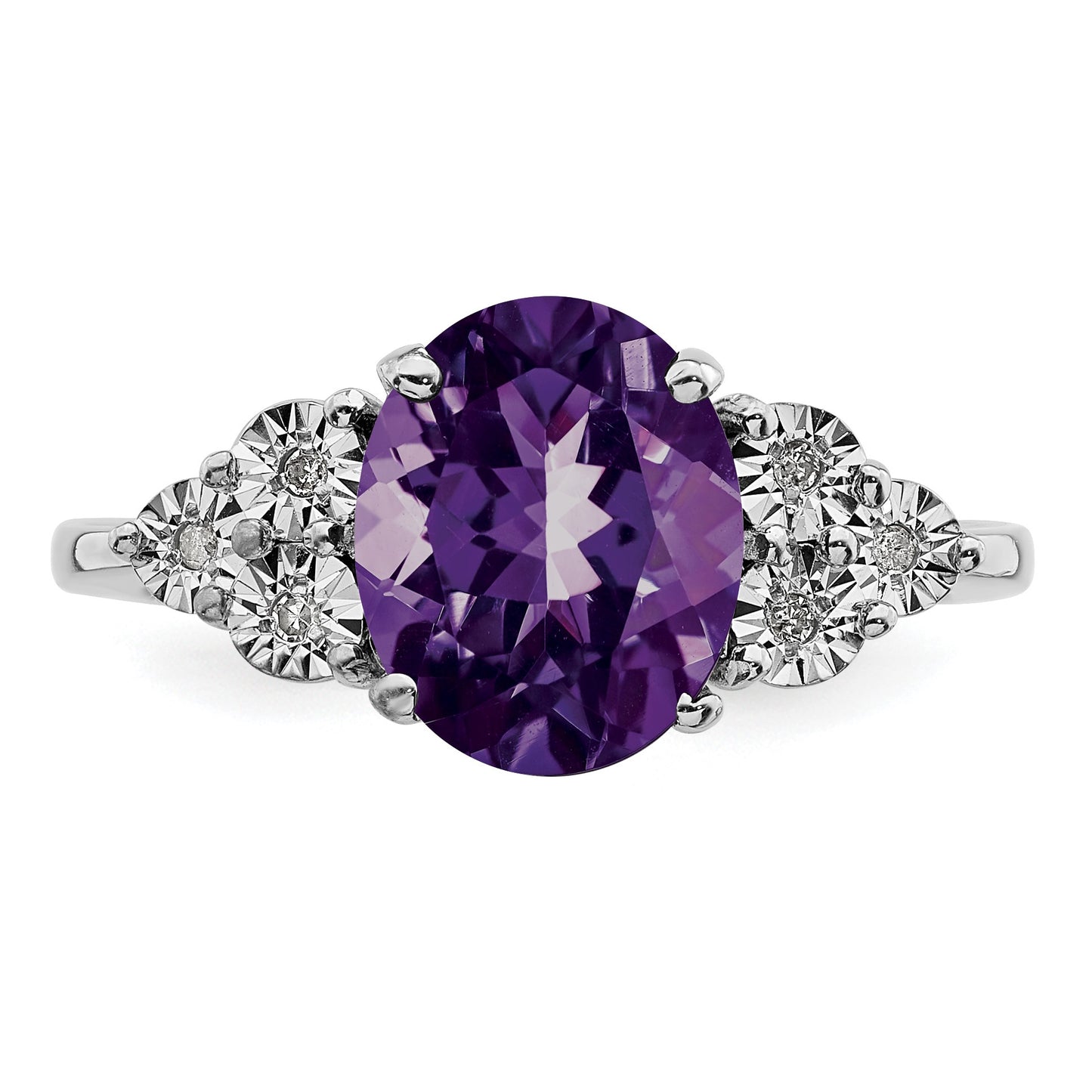 Sterling Silver Rhodium-plated Diamond & Oval Amethyst Ring