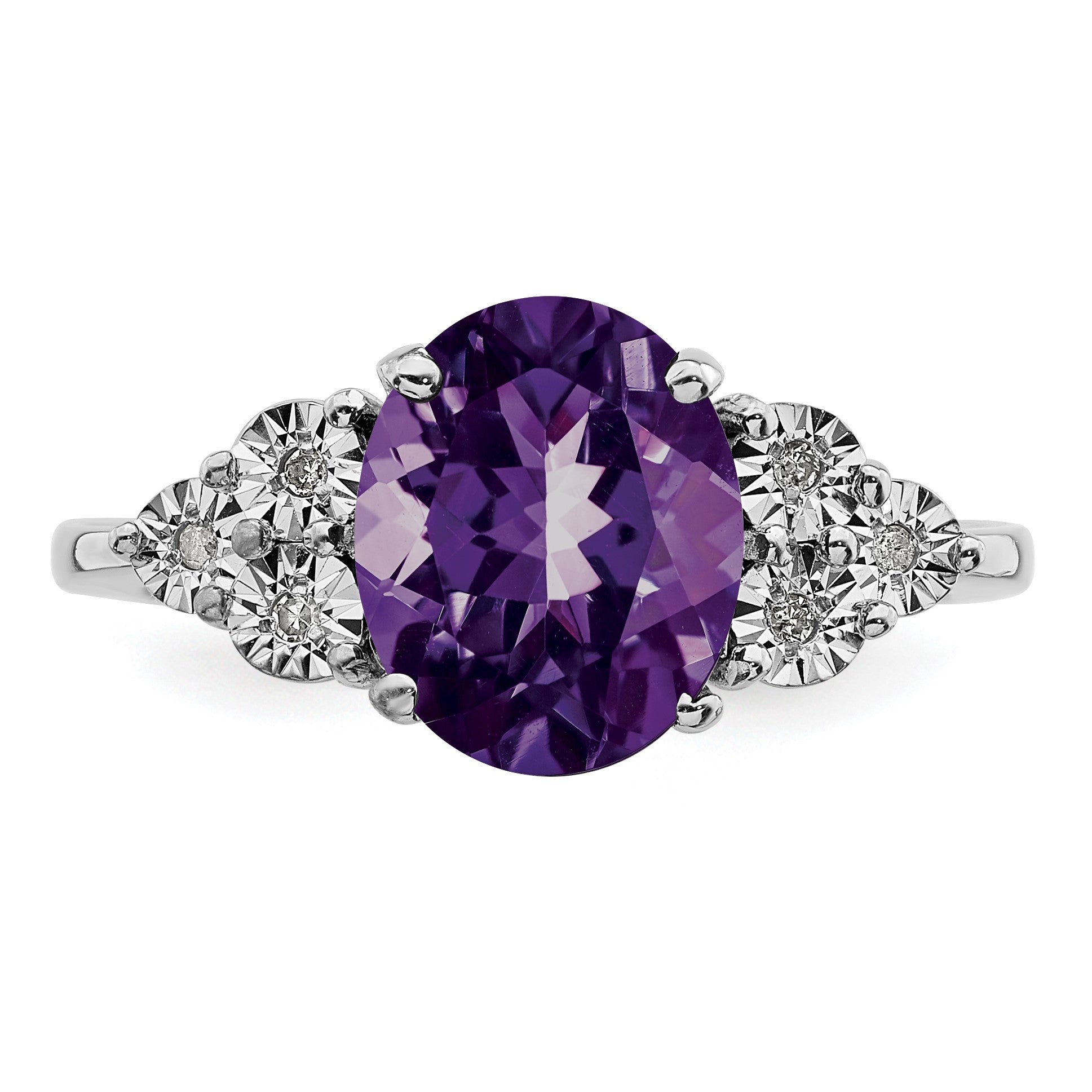 Sterling Silver Rhodium-plated Diamond & Oval Amethyst Ring