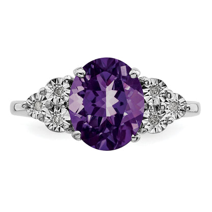 Sterling Silver Rhodium-plated Diamond & Oval Amethyst Ring