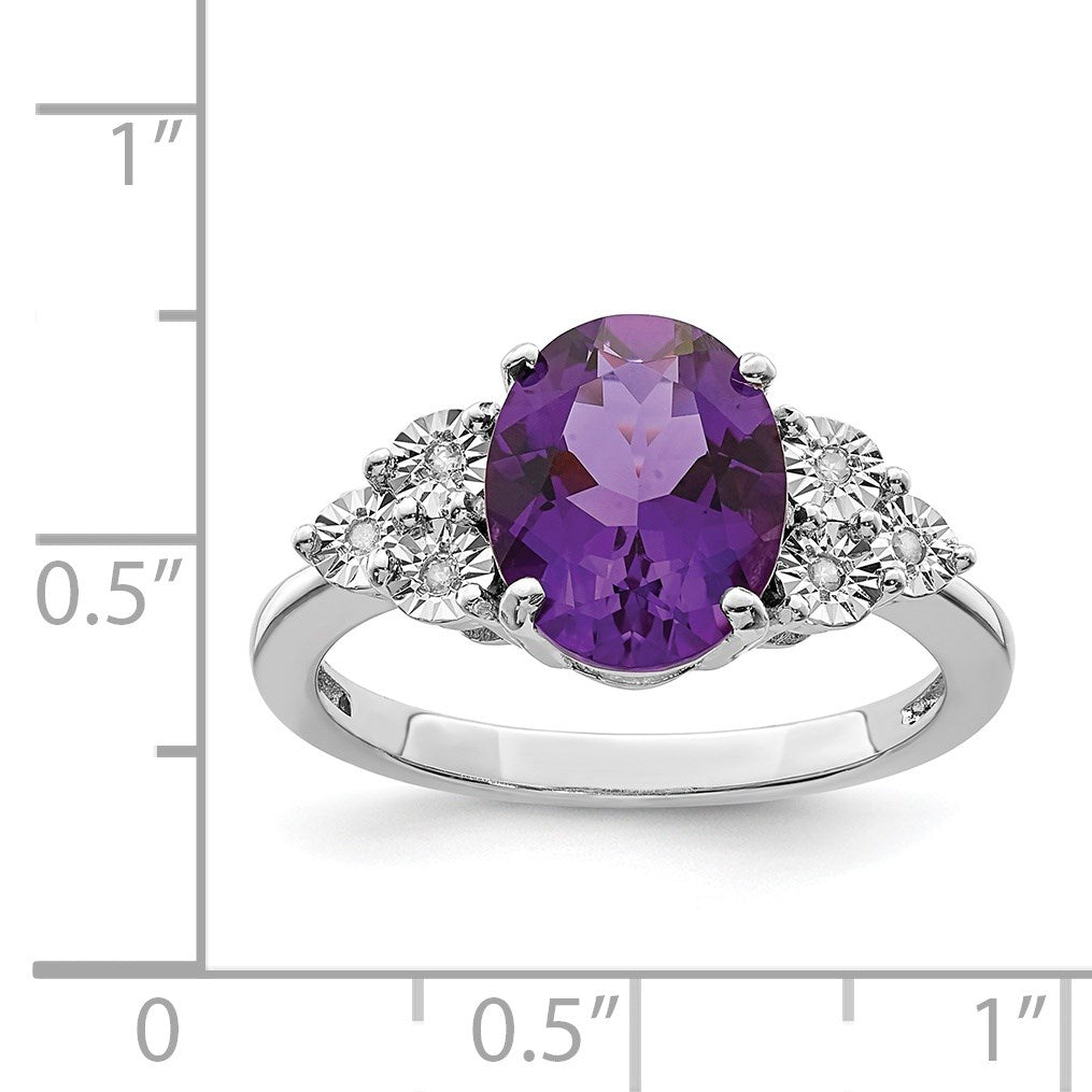 Sterling Silver Rhodium-plated Diamond & Oval Amethyst Ring