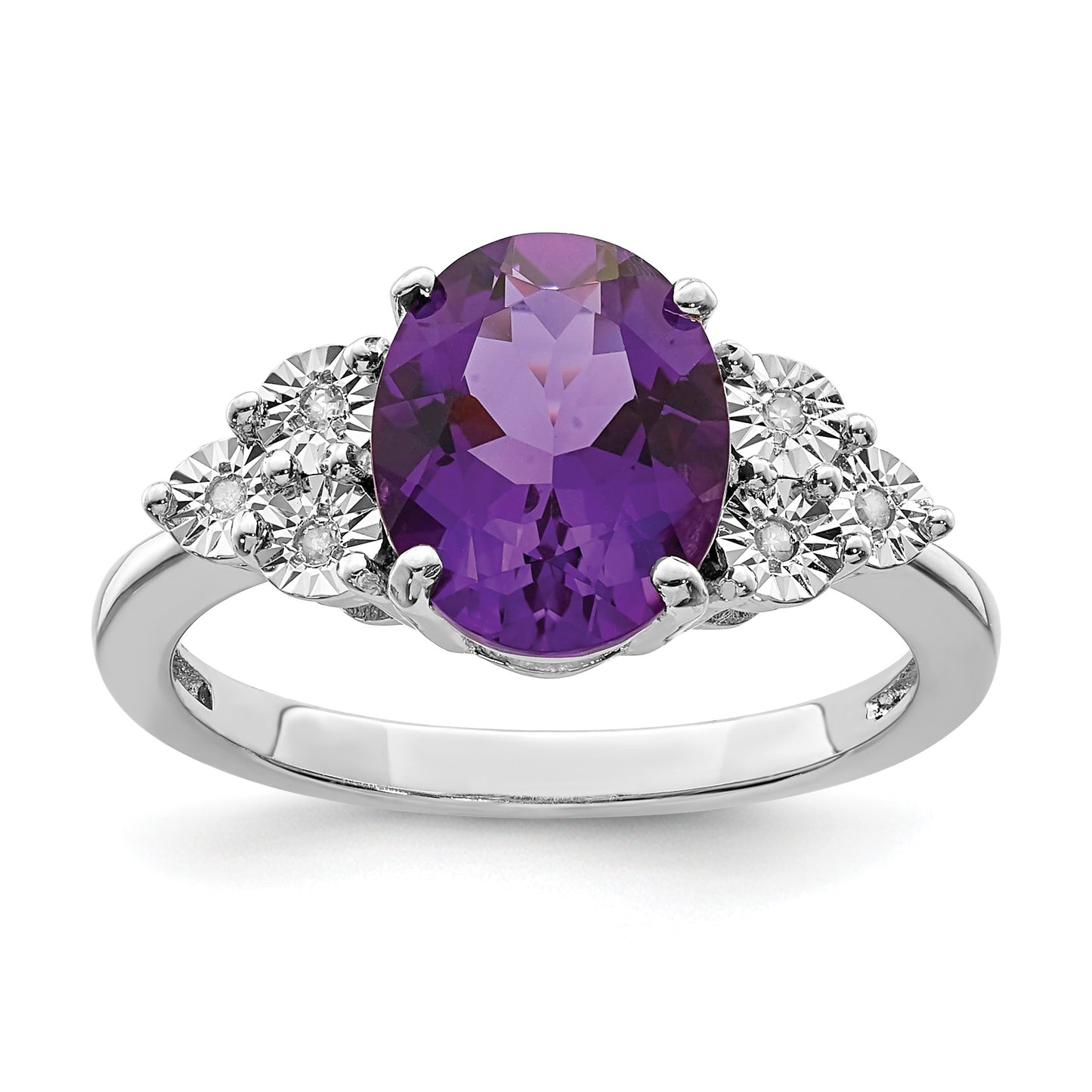 Sterling Silver Rhodium-plated Diamond & Oval Amethyst Ring