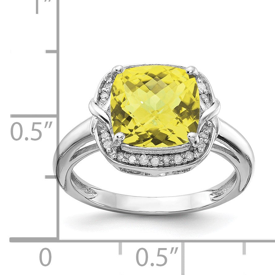 Sterling Silver Rhodium Diam. & Checker-Cut Lemon Quartz Ring