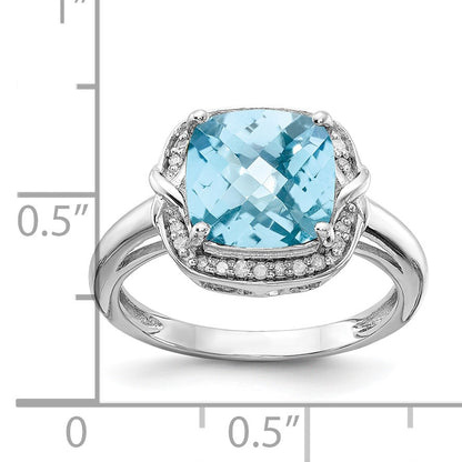 Sterling Silver Rhodium Diam. & Checker-Cut Sky Blue Topaz Ring