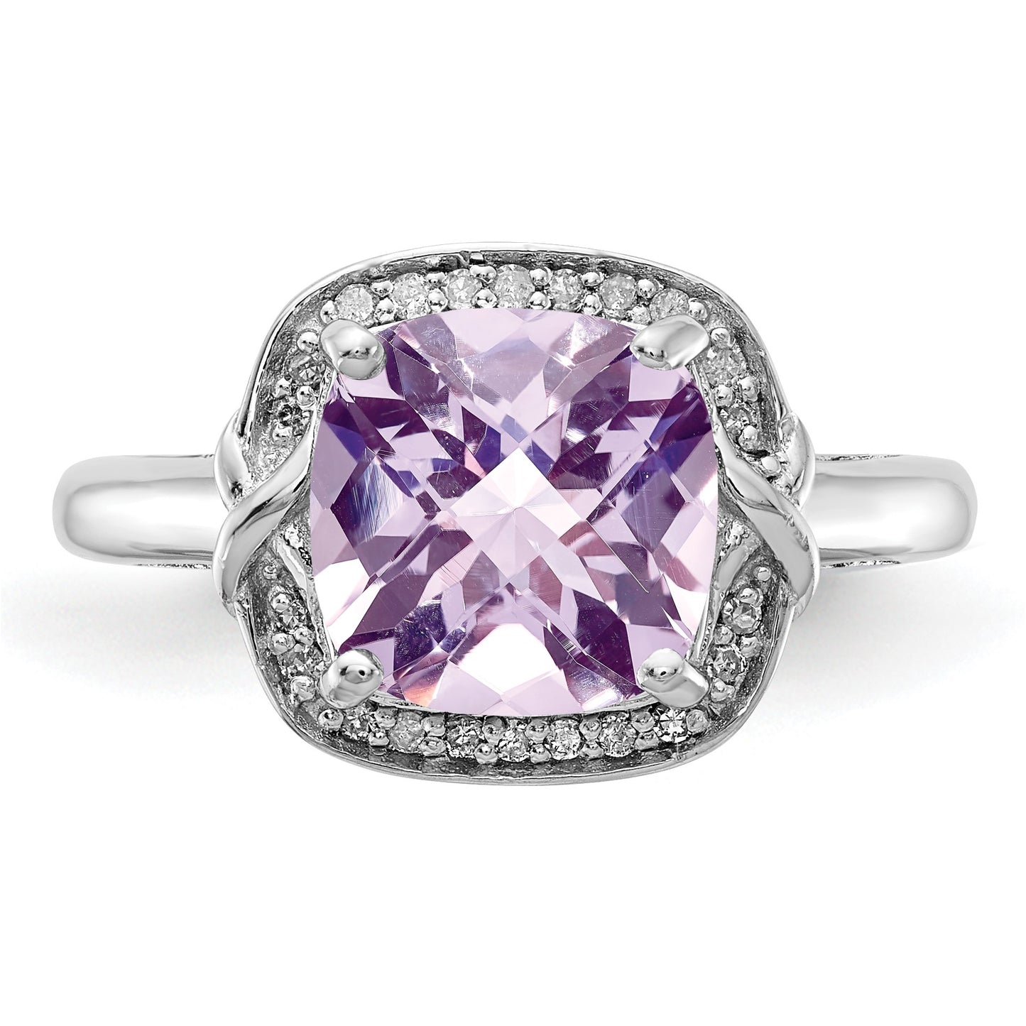 Sterling Silver Rhodium Diam. & Checker-Cut Pink Quartz Ring