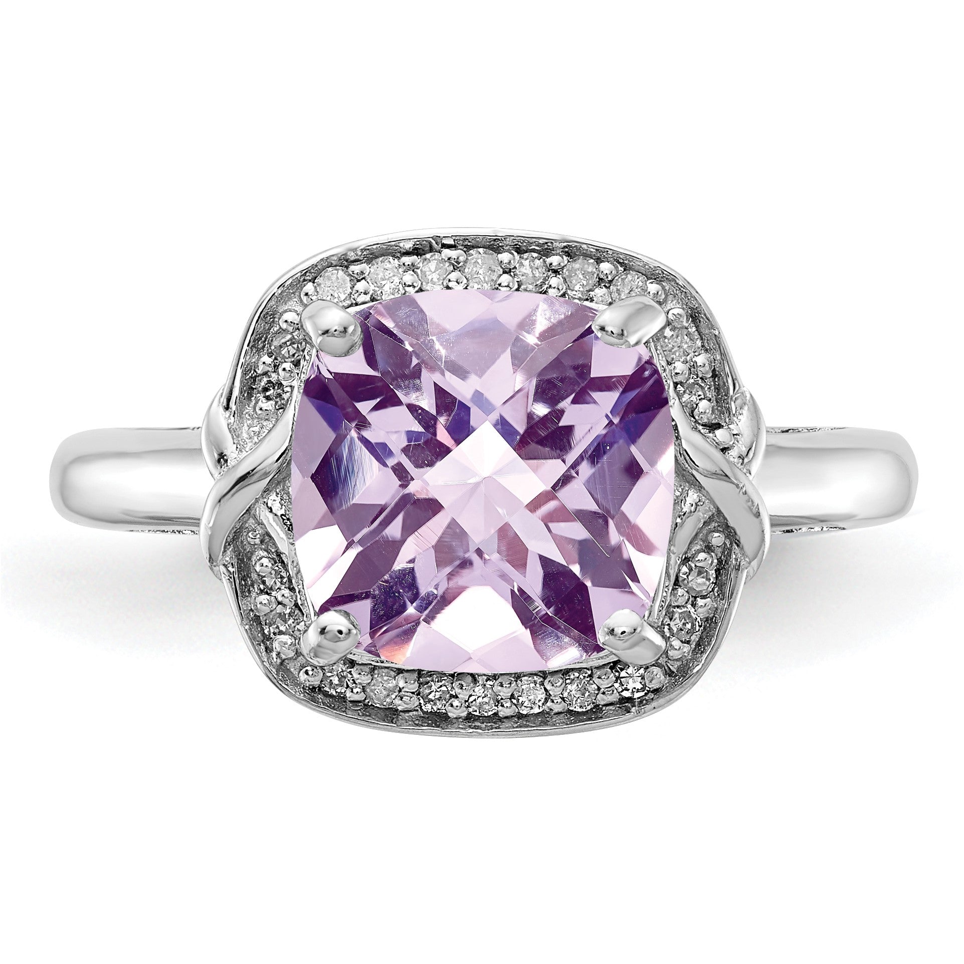 Sterling Silver Rhodium Diam. & Checker-Cut Pink Quartz Ring