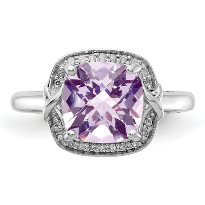 Sterling Silver Rhodium Diam. & Checker-Cut Pink Quartz Ring