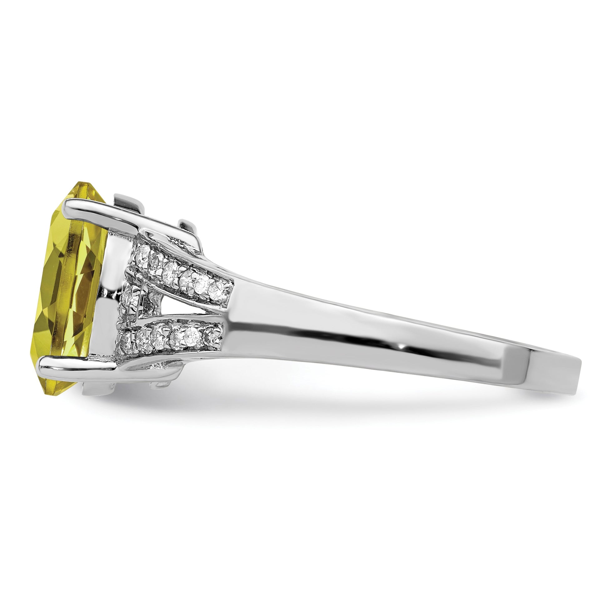 Sterling Silver Rhodium Diam. & Oval Lemon Quartz Ring