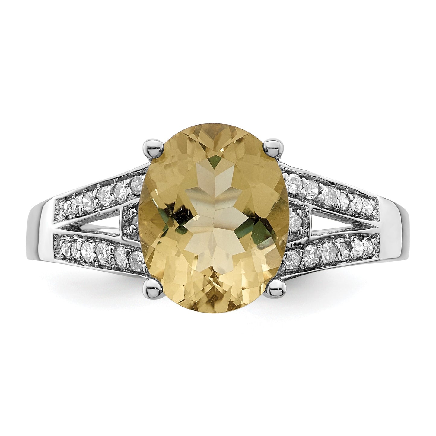 Sterling Silver Rhodium Diam. & Oval Lemon Quartz Ring