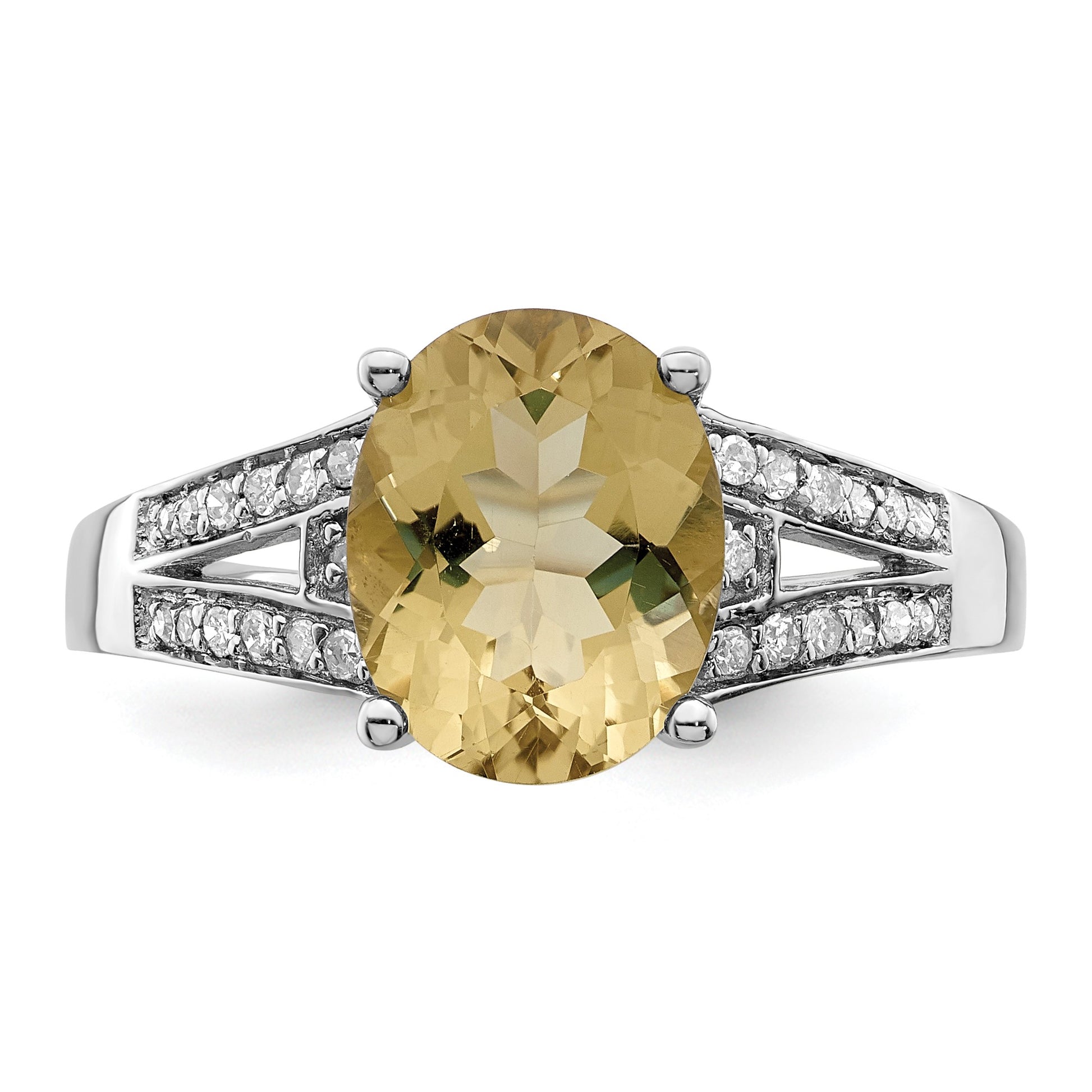 Sterling Silver Rhodium Diam. & Oval Lemon Quartz Ring