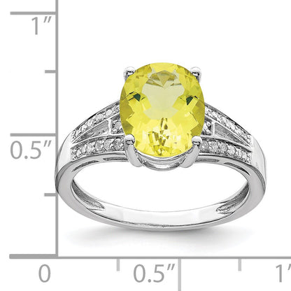 Sterling Silver Rhodium Diam. & Oval Lemon Quartz Ring