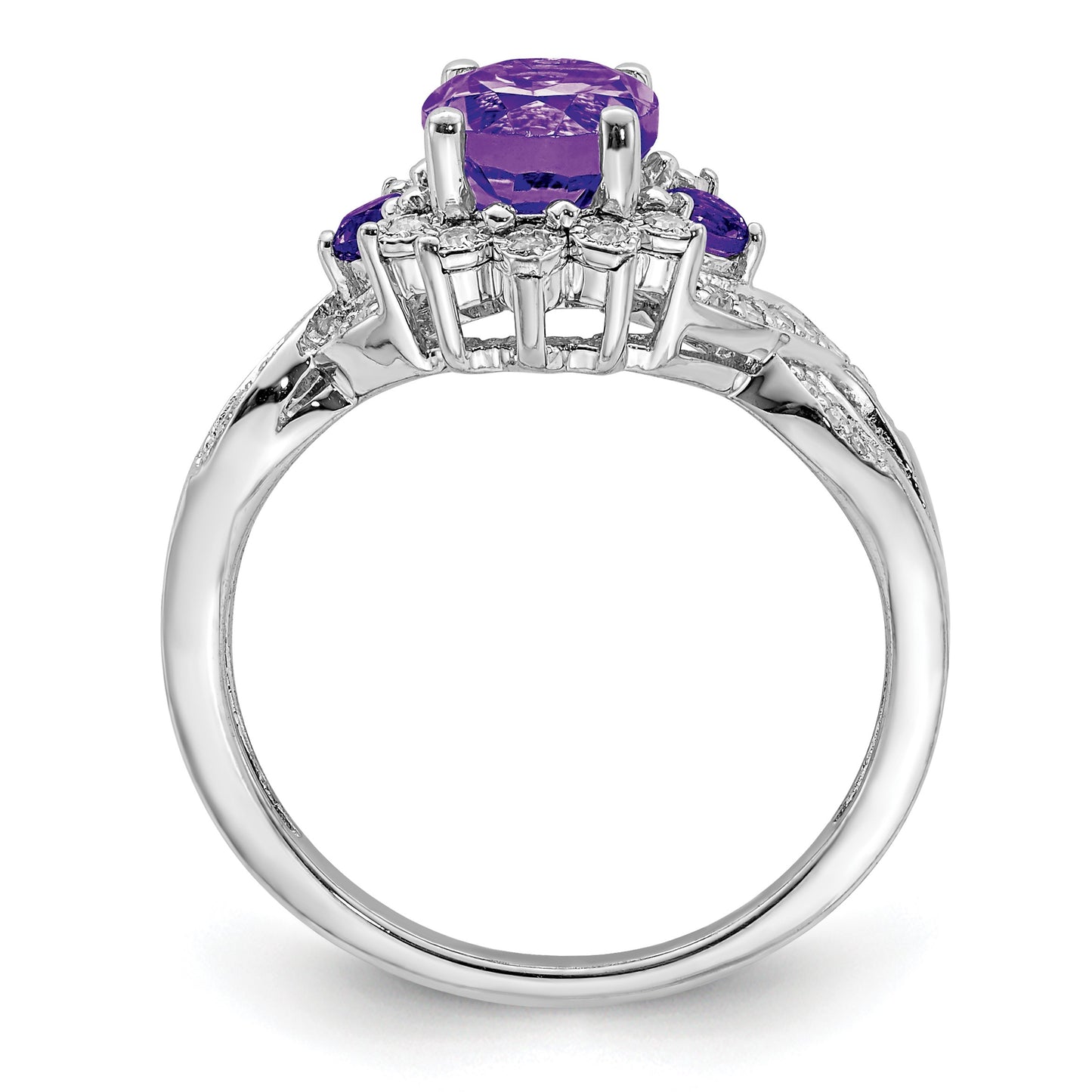 Sterling Silver Rhodium-plated Diamond & Oval Amethyst Ring