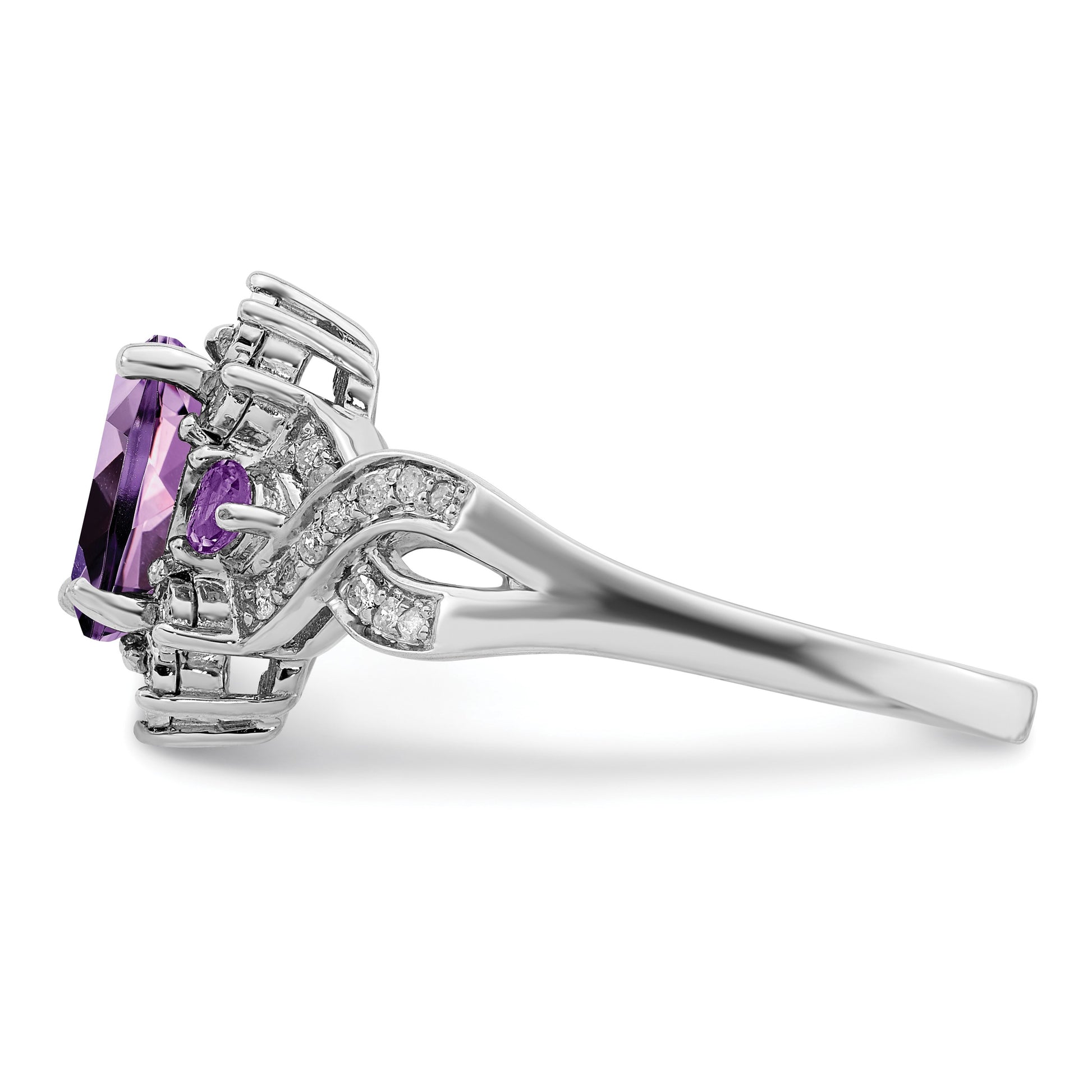Sterling Silver Rhodium-plated Diamond & Oval Amethyst Ring