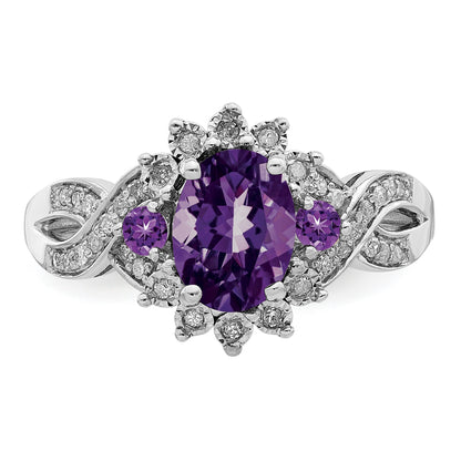 Sterling Silver Rhodium-plated Diamond & Oval Amethyst Ring