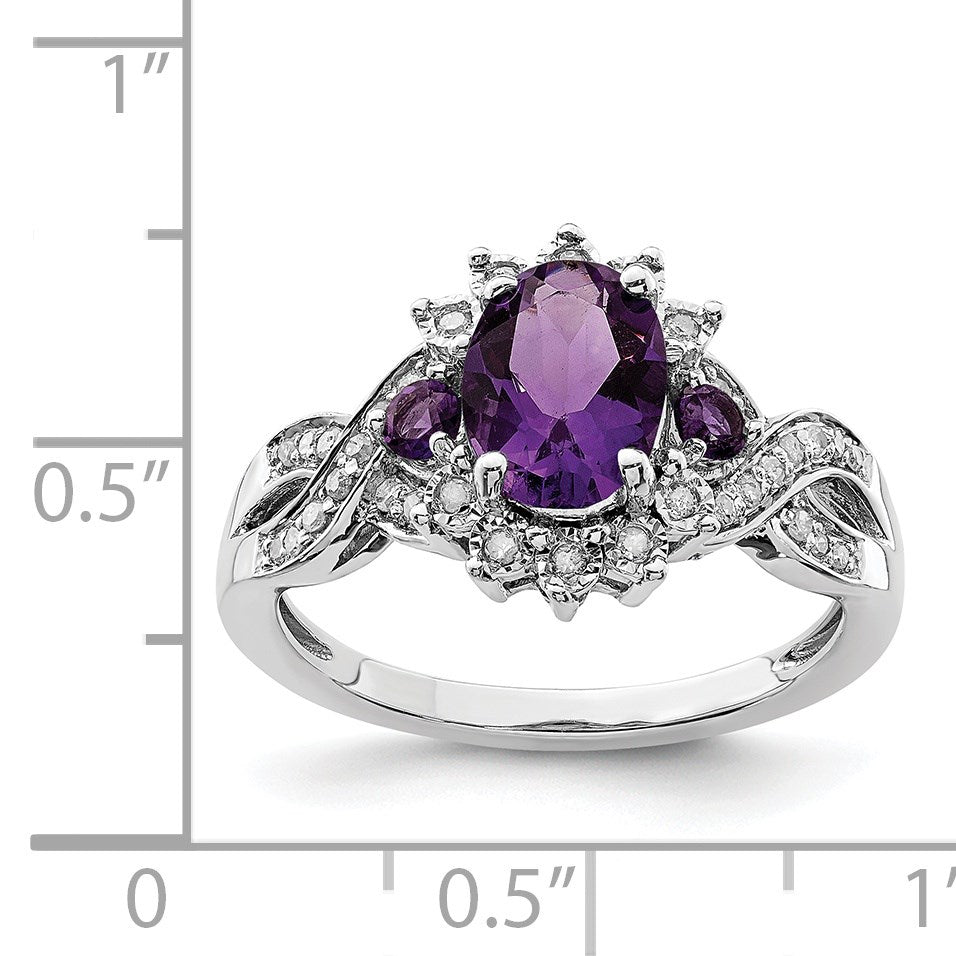 Sterling Silver Rhodium-plated Diamond & Oval Amethyst Ring