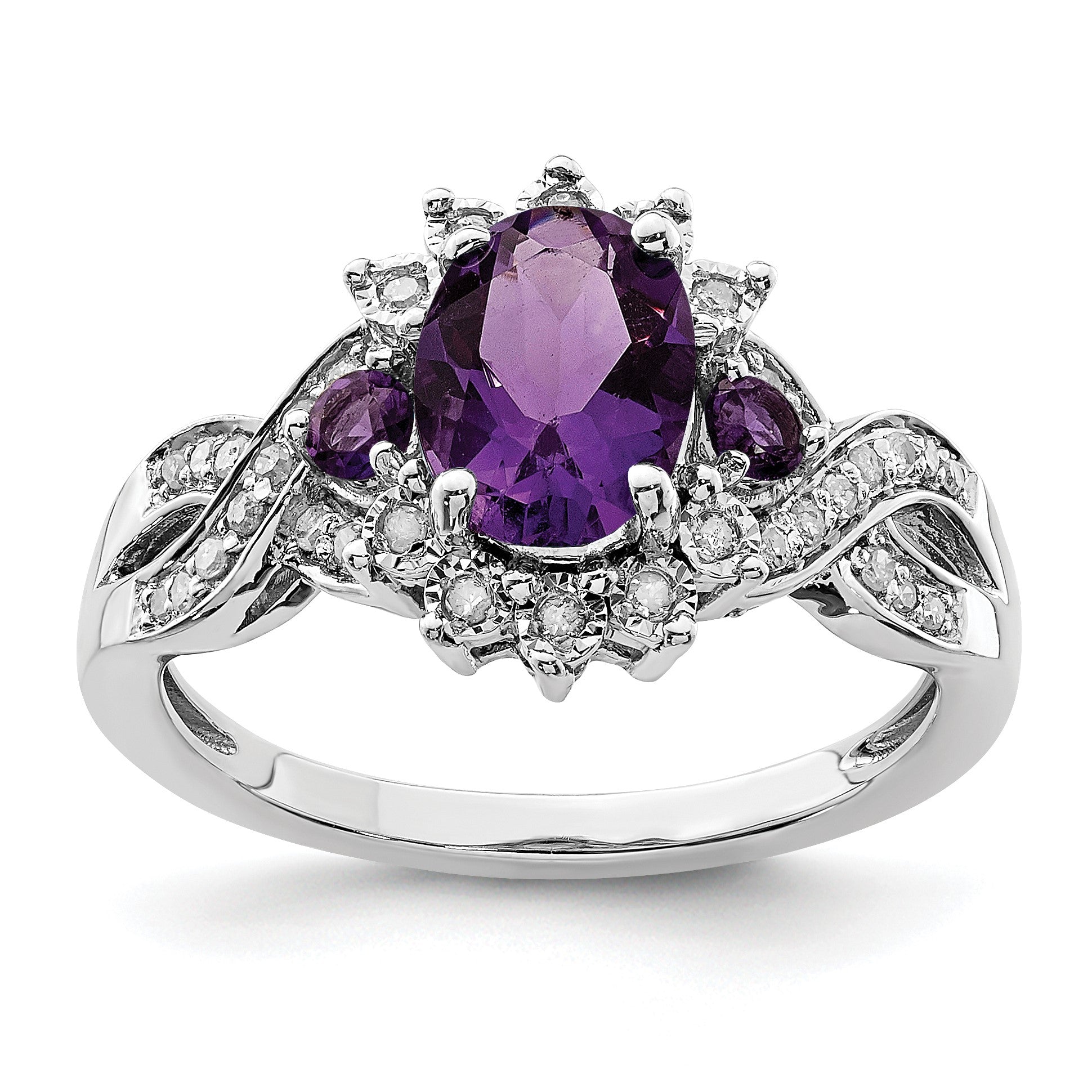 Sterling Silver Rhodium-plated Diamond & Oval Amethyst Ring