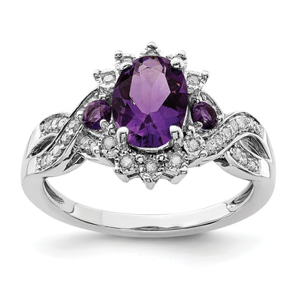 Sterling Silver Rhodium-plated Diamond & Oval Amethyst Ring