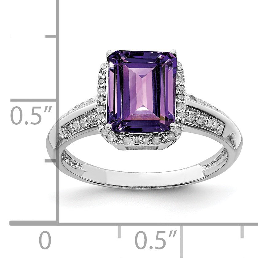 Sterling Silver Rhodium-plated Octagonal Amethyst & Diamond Ring