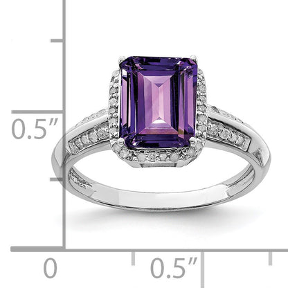 Sterling Silver Rhodium-plated Octagonal Amethyst & Diamond Ring