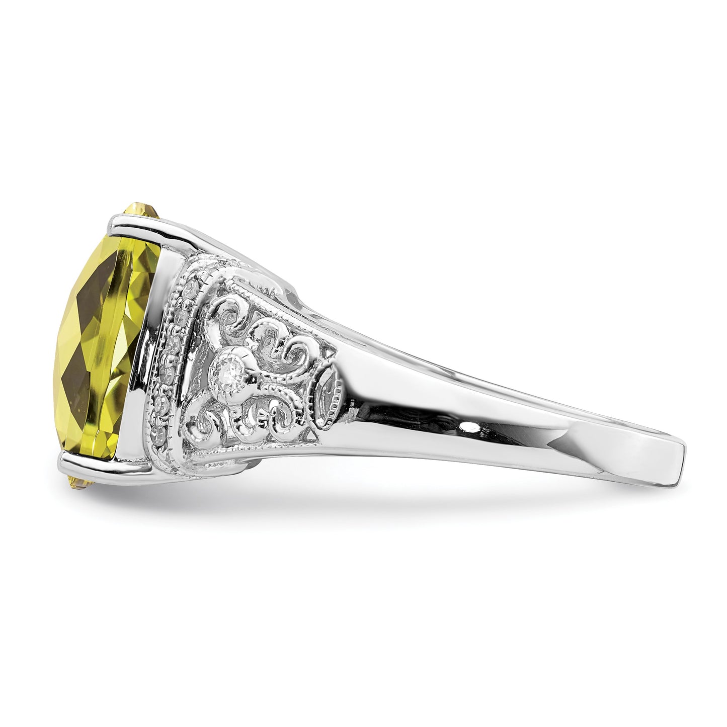Sterling Silver Rhodium Diam. & Checker-Cut Lemon Quartz Ring