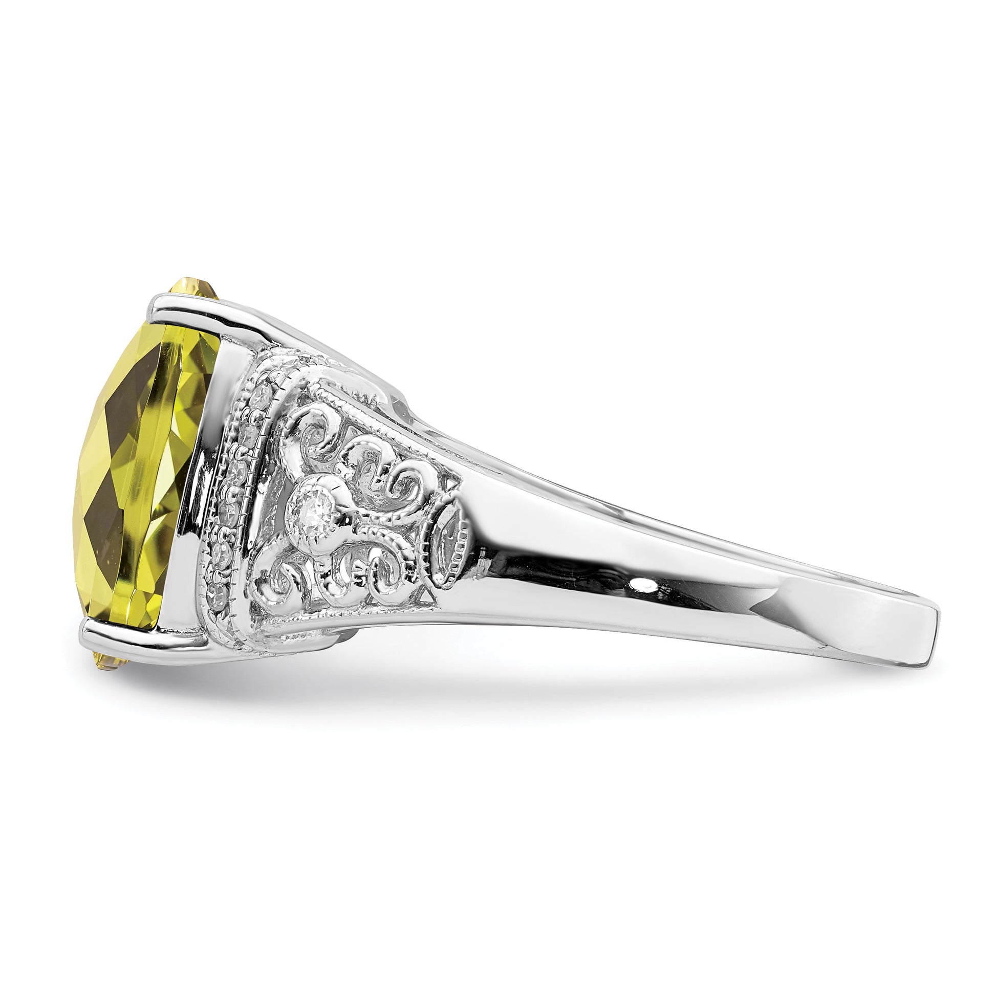 Sterling Silver Rhodium Diam. & Checker-Cut Lemon Quartz Ring