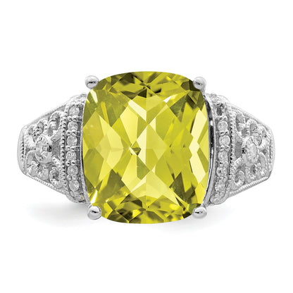 Sterling Silver Rhodium Diam. & Checker-Cut Lemon Quartz Ring