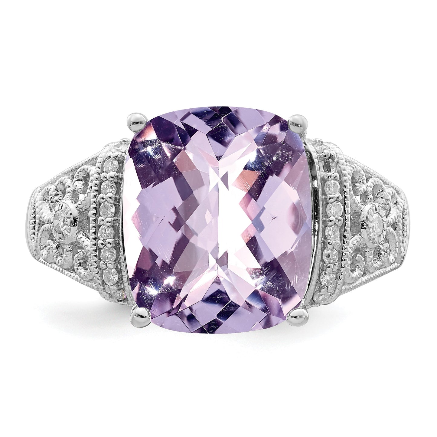 Sterling Silver Rhodium Diam. & Checker-Cut Pink Quartz Ring