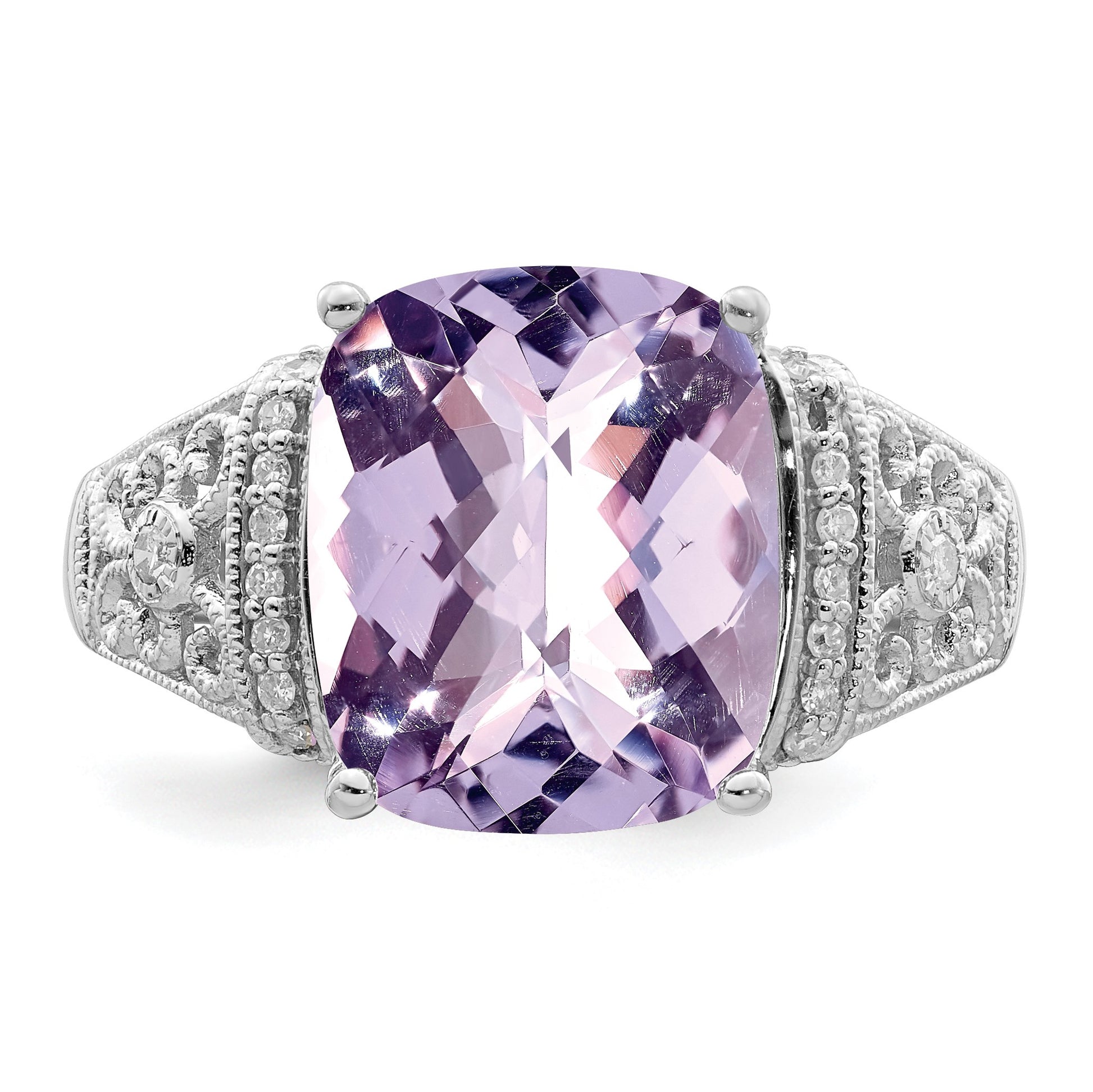 Sterling Silver Rhodium Diam. & Checker-Cut Pink Quartz Ring