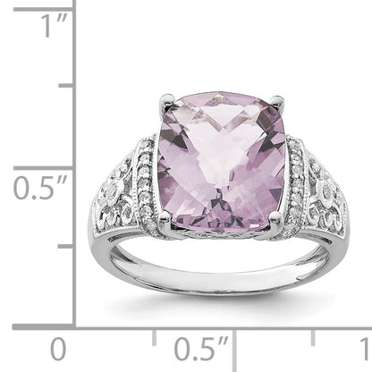 Sterling Silver Rhodium Diam. & Checker-Cut Pink Quartz Ring