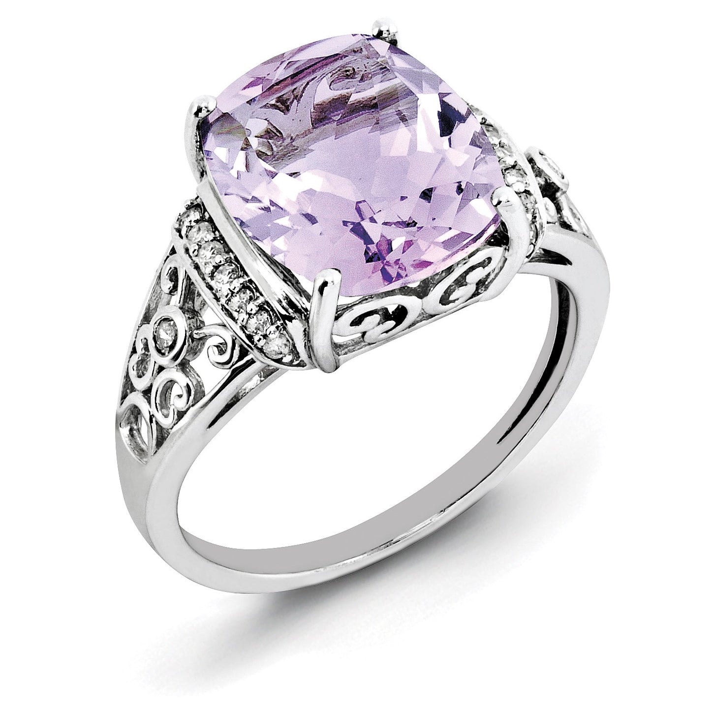 Sterling Silver Rhodium Diam. & Checker-Cut Pink Quartz Ring