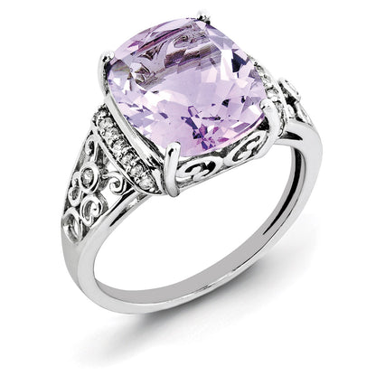 Sterling Silver Rhodium Diam. & Checker-Cut Pink Quartz Ring