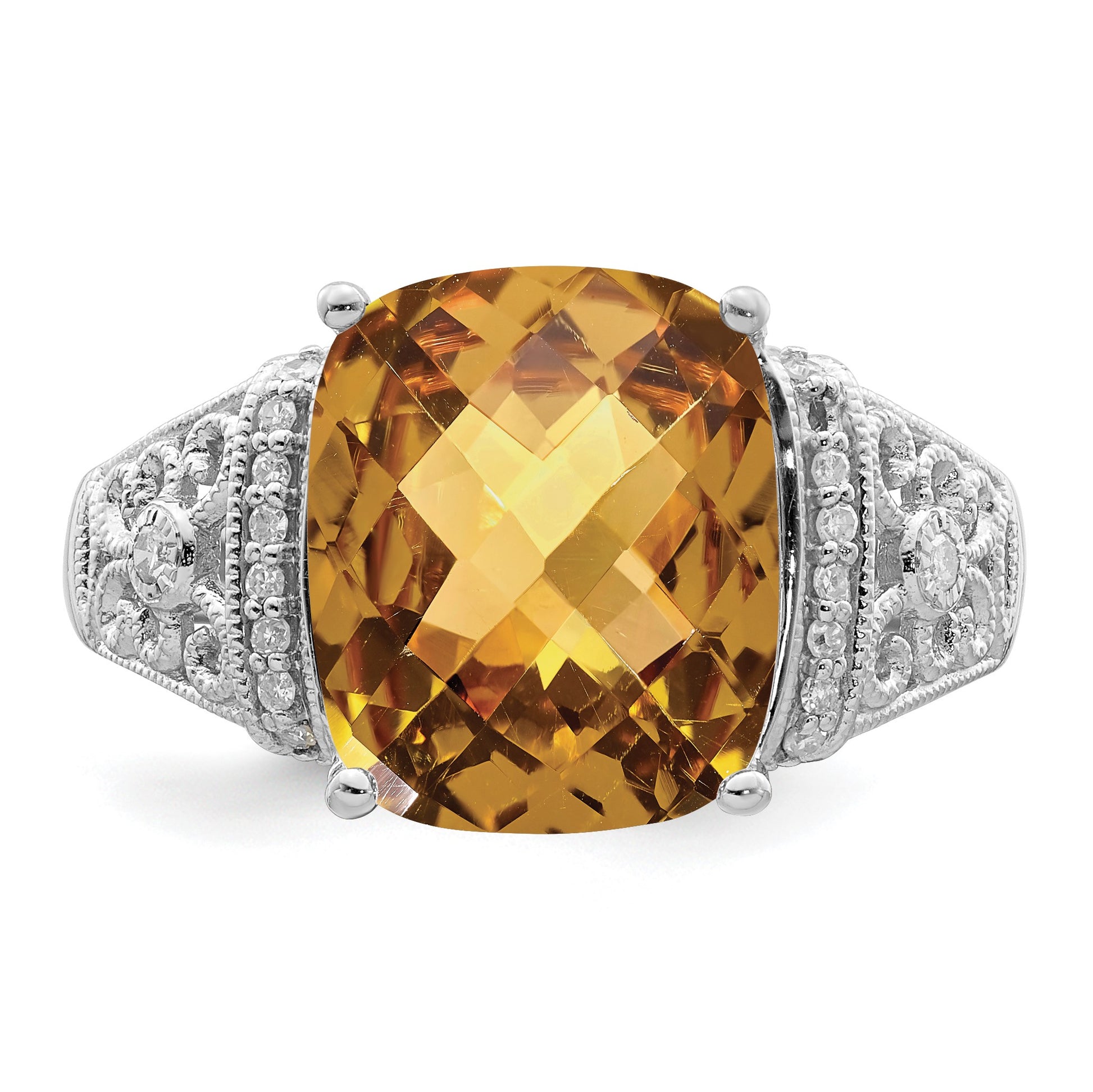 Sterling Silver Rhodium Diam. & Checker-Cut Whiskey Quartz Ring