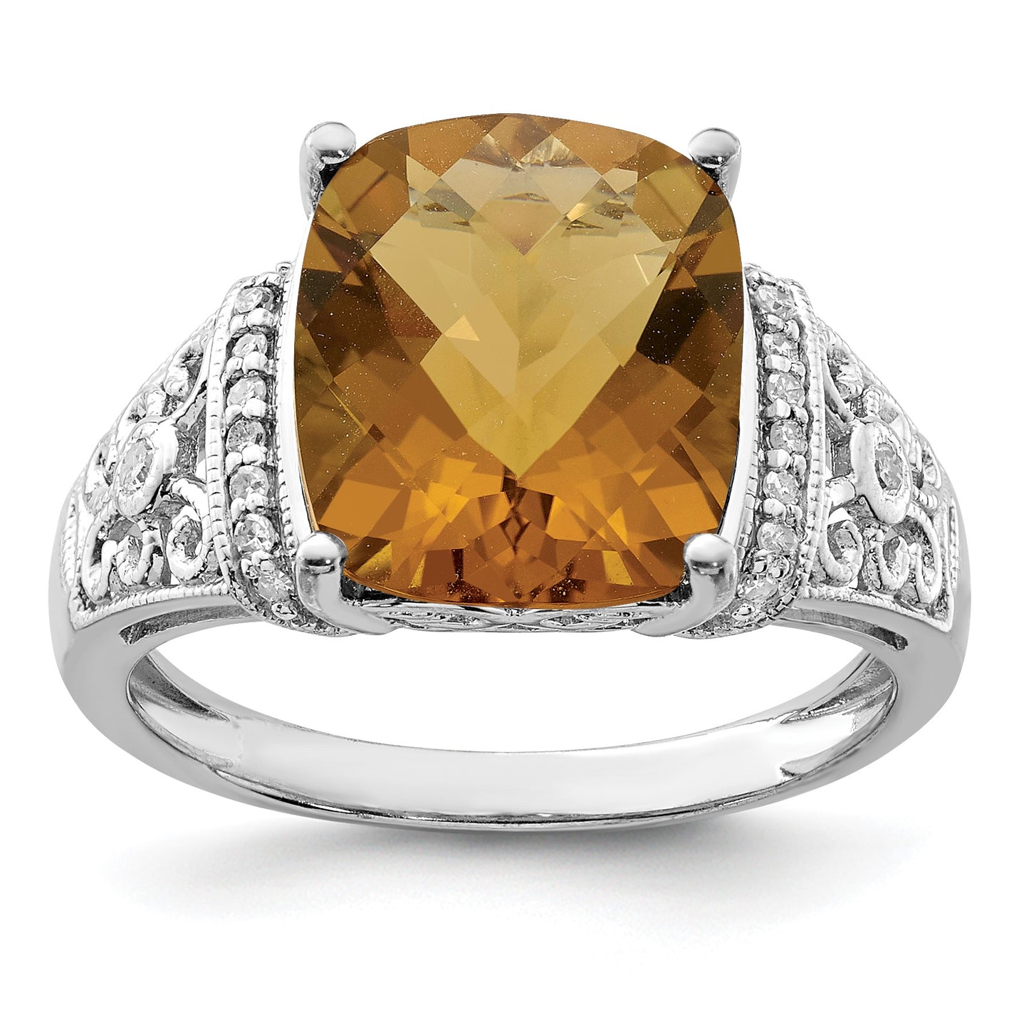 Sterling Silver Rhodium Diam. & Checker-Cut Whiskey Quartz Ring