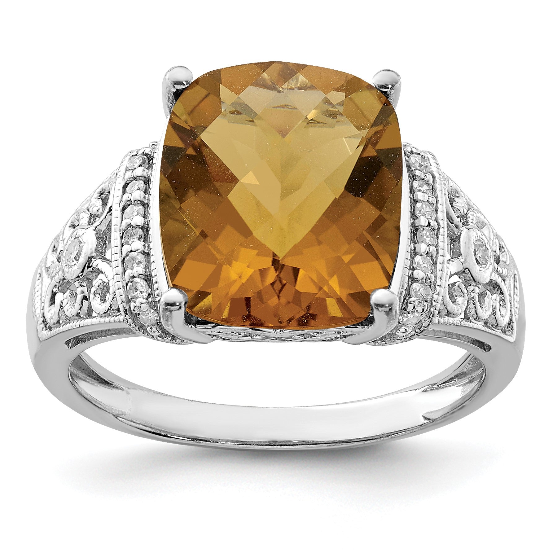Sterling Silver Rhodium Diam. & Checker-Cut Whiskey Quartz Ring