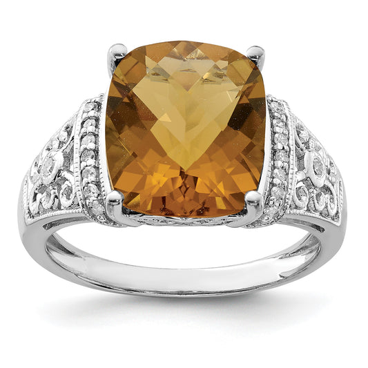 Sterling Silver Rhodium Diam. & Checker-Cut Whiskey Quartz Ring