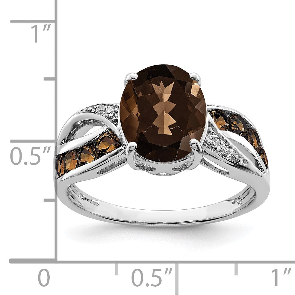 Sterling Silver Rhodium Diam. & Smoky Quartz Ring