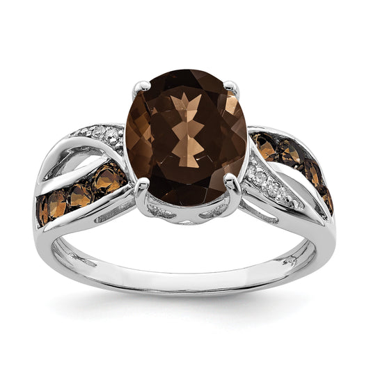 Sterling Silver Rhodium Diam. & Smoky Quartz Ring