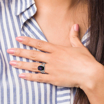 Sterling Silver Rhodium-plated Oval Amethyst Ring