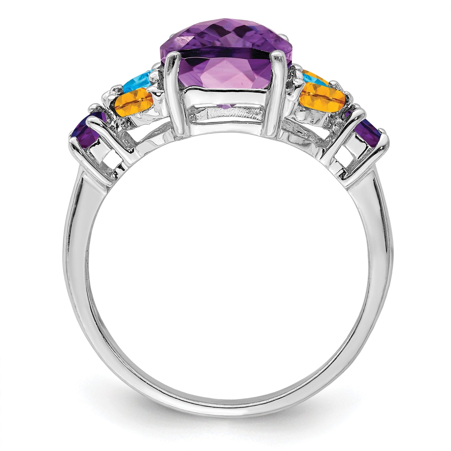 Sterling Silver Rhodium-plated Amethyst, Blue Topaz & Citrine Ring