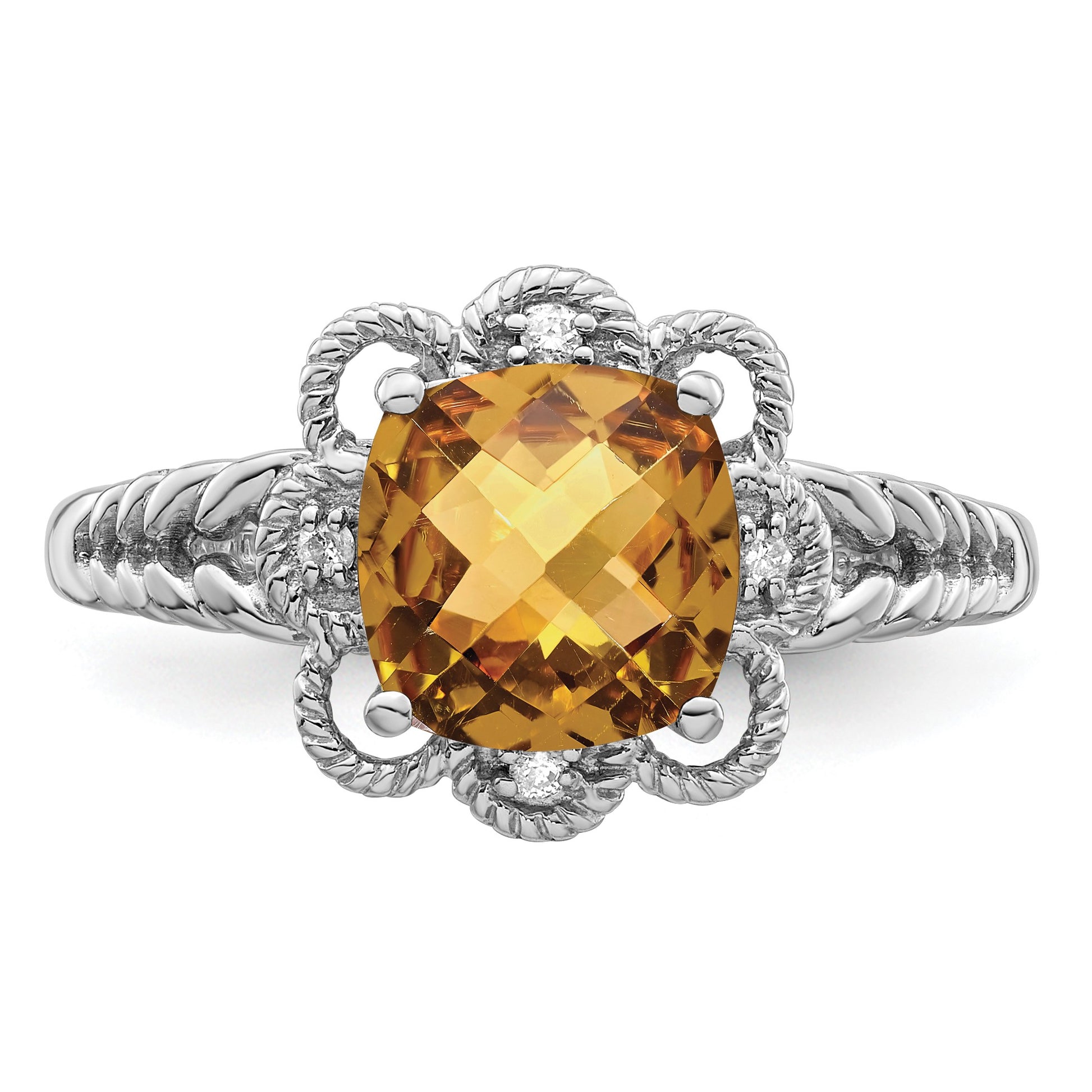 Sterling Silver Rhodium Checker-Cut Whiskey Quartz & Diam. Ring