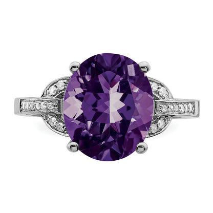 Sterling Silver Rhodium-plated Oval Amethyst & Diamond Ring