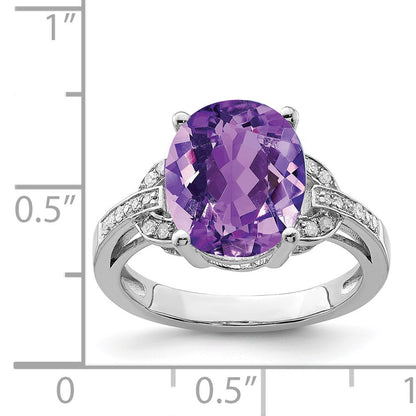 Sterling Silver Rhodium-plated Oval Amethyst & Diamond Ring