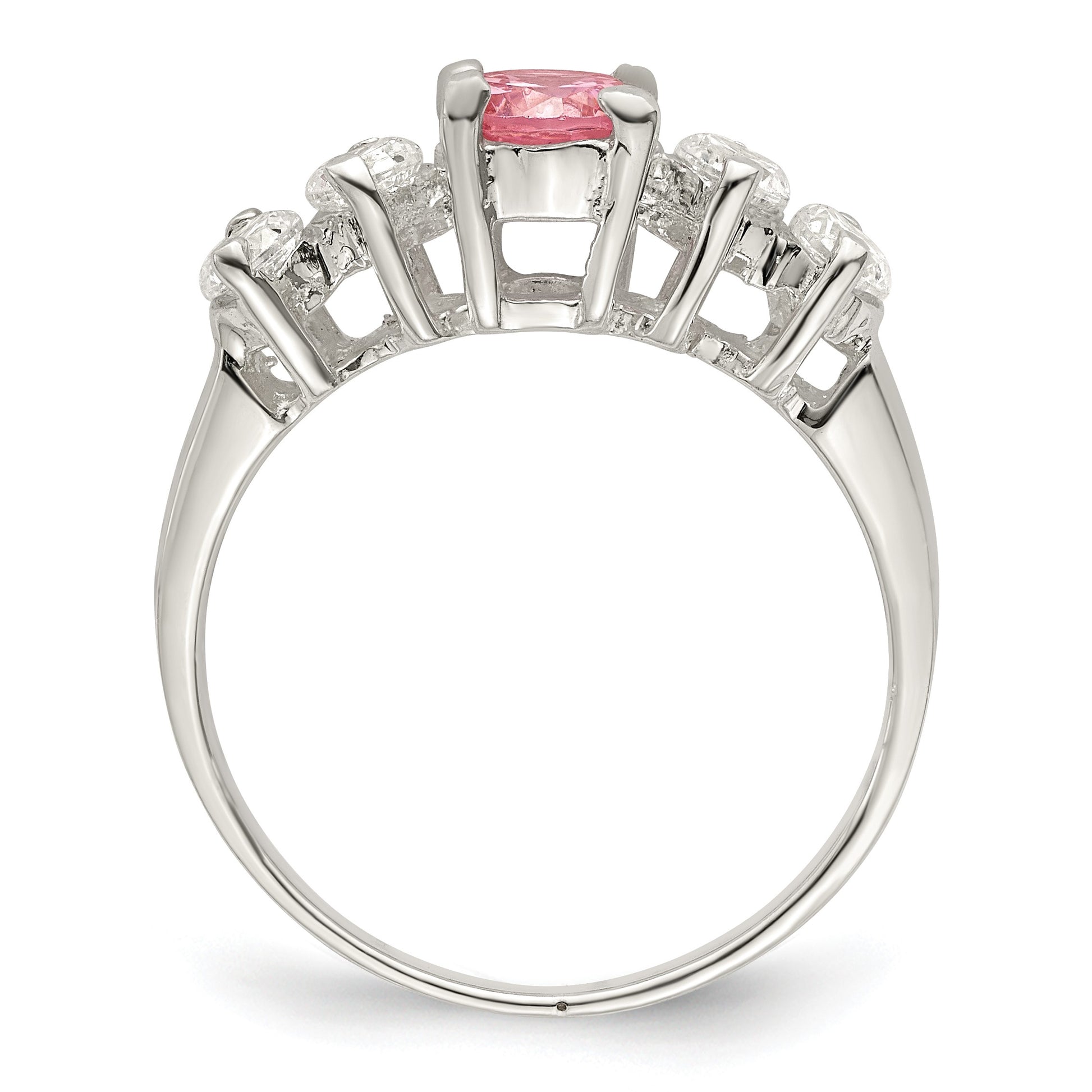 Sterling Silver Pink Round CZ w/Side Stones Ring