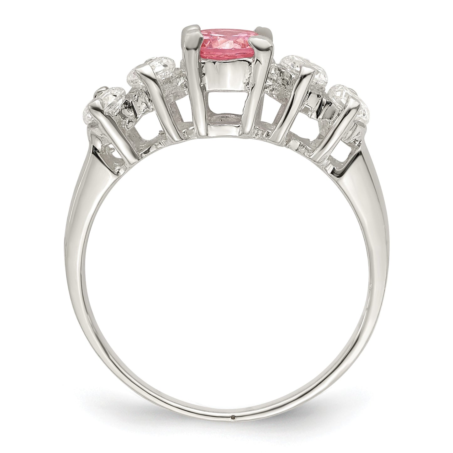 Sterling Silver Pink Round CZ w/Side Stones Ring